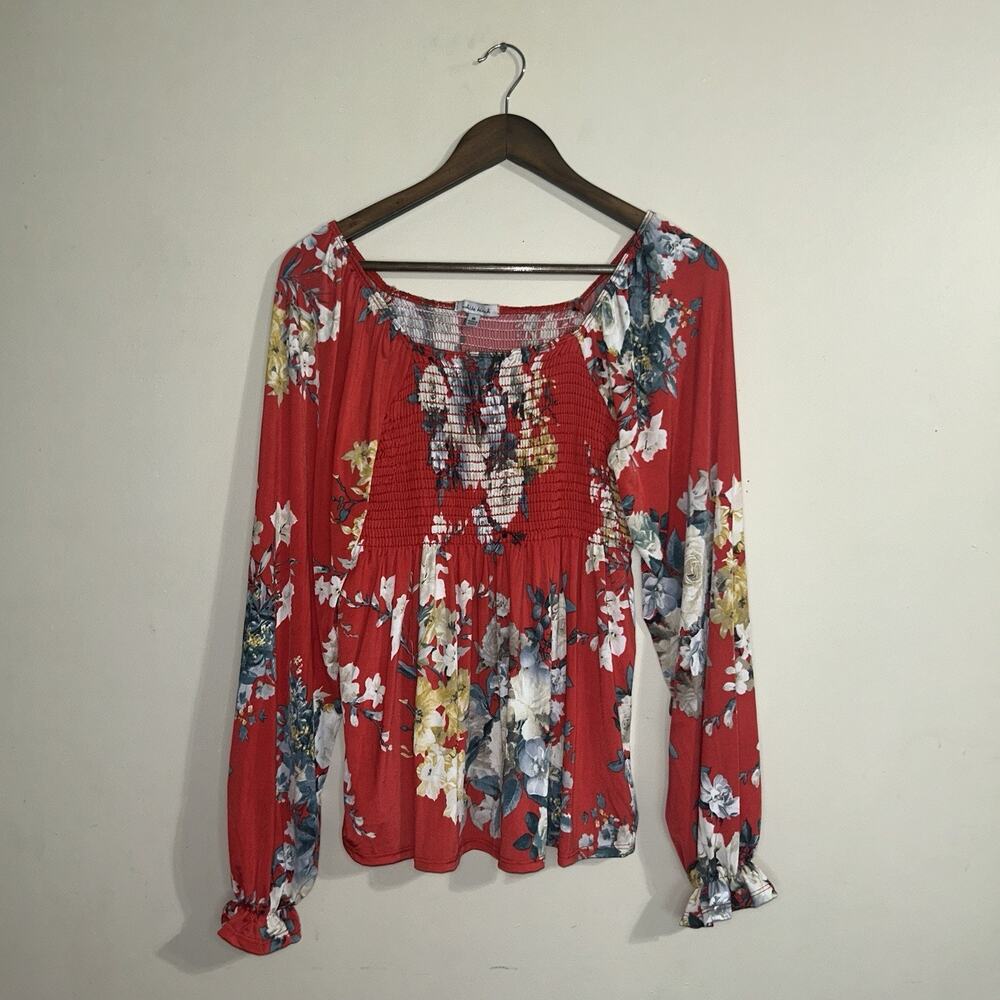 White Birch Long Sleeve Ruched Orange Floral Women Blouse Size M